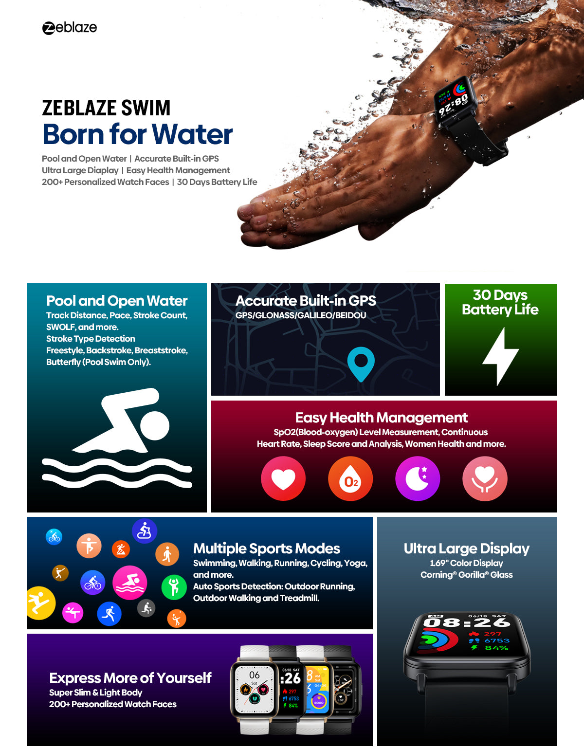 Zeblaze Swim - Swimming Smart Watch - Black