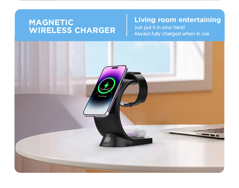 4 In 1 Magnetic Wireless Charger Fast Charging For Smart Phone Atmosphere Light Charging Station For Airpods Pro I-phone Watch