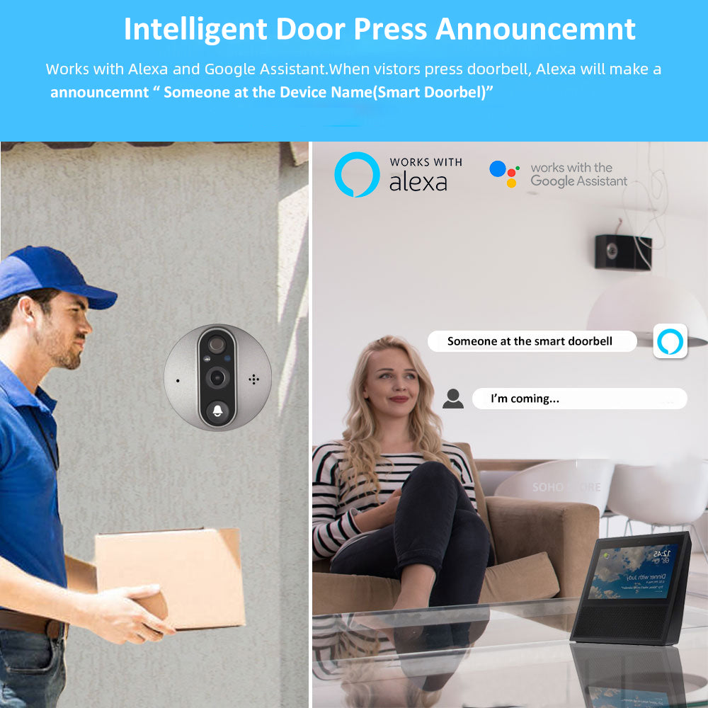 Smart Door Bell Peephole Camera -> Alexa Google Announcement - 1080p